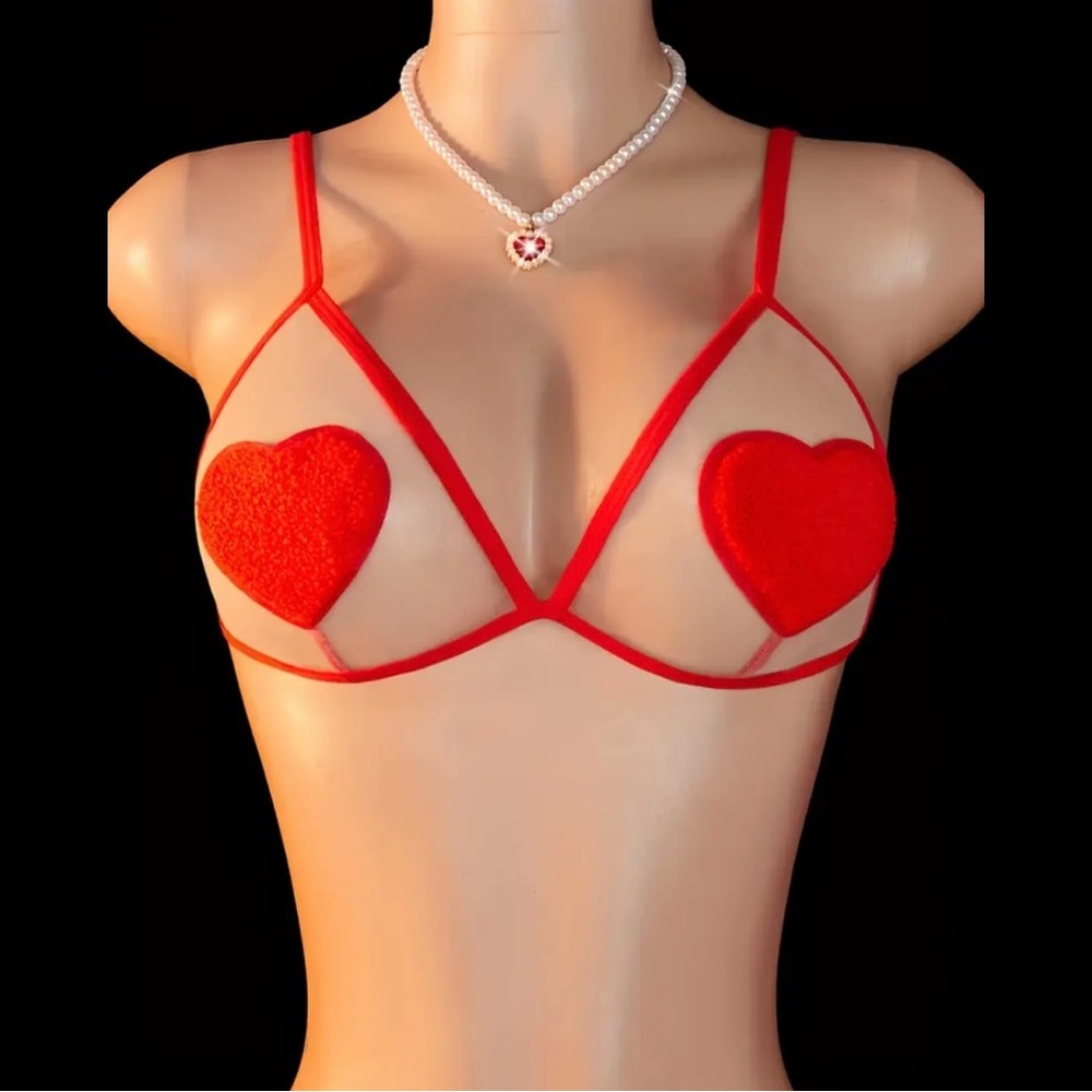Red, Heart, Sheer, Lingerie Set - Picture 4 of 8